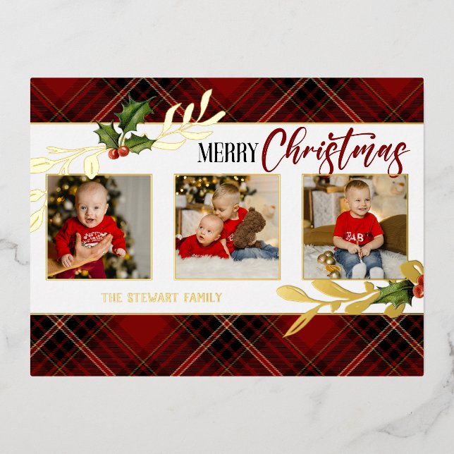 Merry Christmas Gold Leaves 3-Photo Red Tartan  Foil Holiday Postcard (Front)