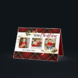 Merry Christmas Gold Leaves 3-Photo Red Tartan  Holiday Card<br><div class="desc">Beautiful and festive holiday design featuring faux gold leaves,  holly and custom "Merry Christmas" text graphic on white banner with gold border,  3-photo template with rich red,  black and gold tartan background. Inside features editable text fields and complementary graphics.</div>