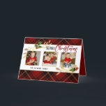 Merry Christmas Gold Leaves 3-Photo Red Tartan  Holiday Card<br><div class="desc">Beautiful and festive holiday design featuring faux gold leaves,  holly and custom "Merry Christmas" text graphic on white banner with gold border,  3-photo template with rich red,  black and gold tartan background. Inside features editable text fields and complementary graphics.</div>
