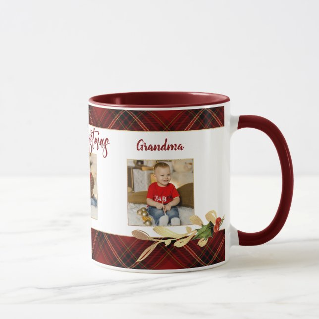 Merry Christmas Gold Leaves 3-Photo Red Tartan  Mug (Right)