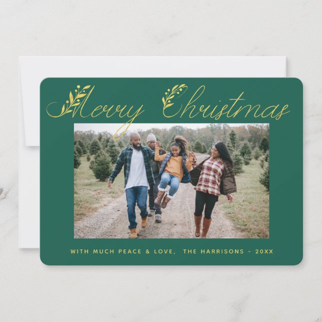 Merry Christmas Gold Leaves Typography Green Photo Holiday Card (Front)