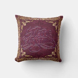 Merry Christmas Gold Maroon Decorative Pillow