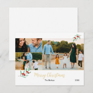 Merry Christmas Gold Mistletoe 3 Photo Collage Holiday Card