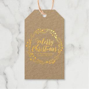 Merry Christmas gold modern script rustic wreath Gift Tags