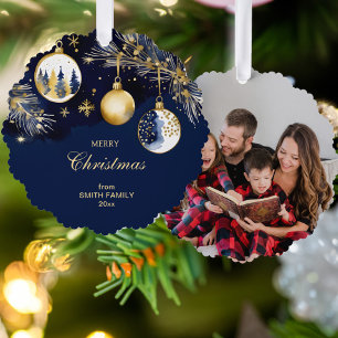 Merry Christmas gold navy blue baubles photo Ornament Card