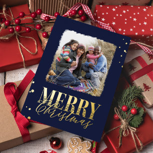 Merry Christmas Gold Navy Calligraphy Two Photo Foil Holiday Postcard