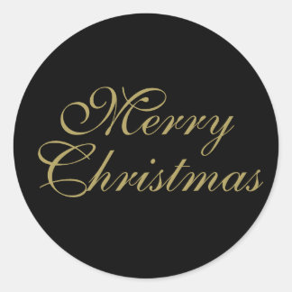 Merry Christmas Gold on Black Classic Round Sticker
