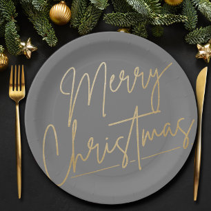 Merry Christmas Gold on Grey Paper Plate