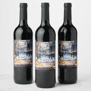 Merry Christmas Gold Ornaments Snow Bokeh Lights Wine Label