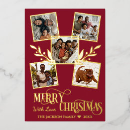 Merry Christmas Gold Photo Collage Red Foil Holiday Card