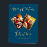 Merry Christmas Gold Photo Name Blue Magnet<br><div class="desc">Cute and festive keepsake magnet holiday card for your family and friends.  A great gift for Grandma and Grandpa.</div>