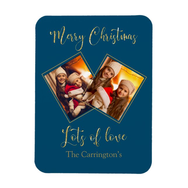 Merry Christmas Gold Photo Name Blue Magnet (Vertical)