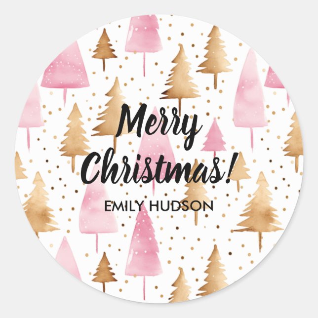 Merry Christmas Gold Pink Tree Classic Round Sticker (Front)