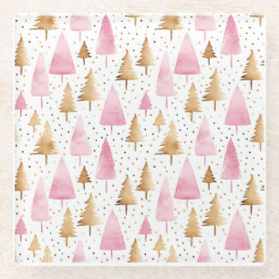 Merry Christmas Gold Pink Tree Glass Coaster