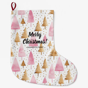 Merry Christmas Gold Pink Tree Large Christmas Stocking