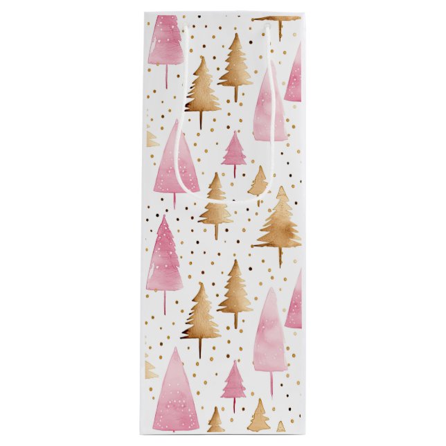 Merry Christmas Gold Pink Tree Wine Gift Bag (Front)