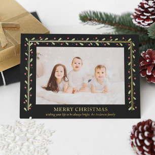 Merry Christmas Gold Rectangular Red Green Leaves Foil Holiday Card