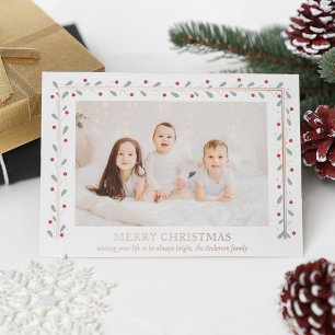 Merry Christmas Gold Rectangular Red Green Leaves Foil Holiday Card