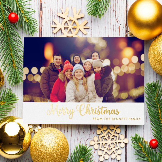 Merry Christmas Gold Red Photo Script Modern Foil Holiday Card (Creator Uploaded)