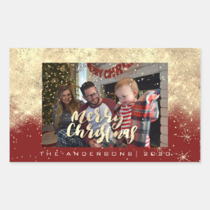 Merry Christmas Gold Red Stars Spark Photo Name Sticker