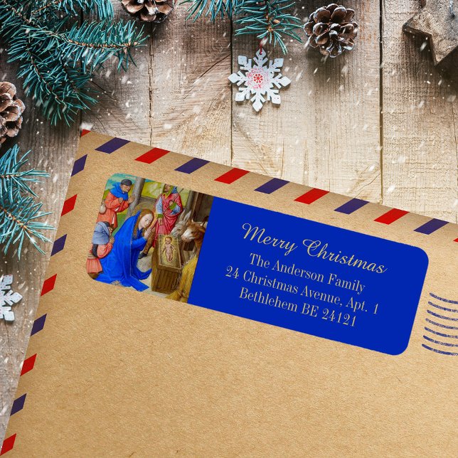 Merry Christmas Gold Religious Christian Medieval (Merry Christmas Gold Blue Religious Christian Catholic Medieval Holiday Return Address Label)
