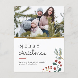 Merry Christmas   Gold Rip & Festive Sprigs Photo Holiday Postcard