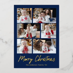 Merry Christmas Gold Script 6 Photo Collage Foil Holiday Card