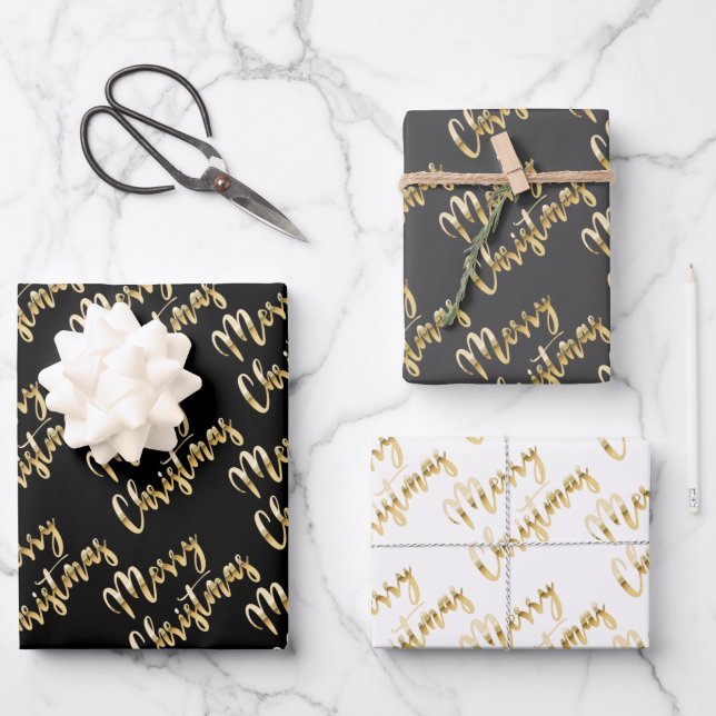 Merry Christmas gold script black grey white Wrapping Paper Sheet (Front)