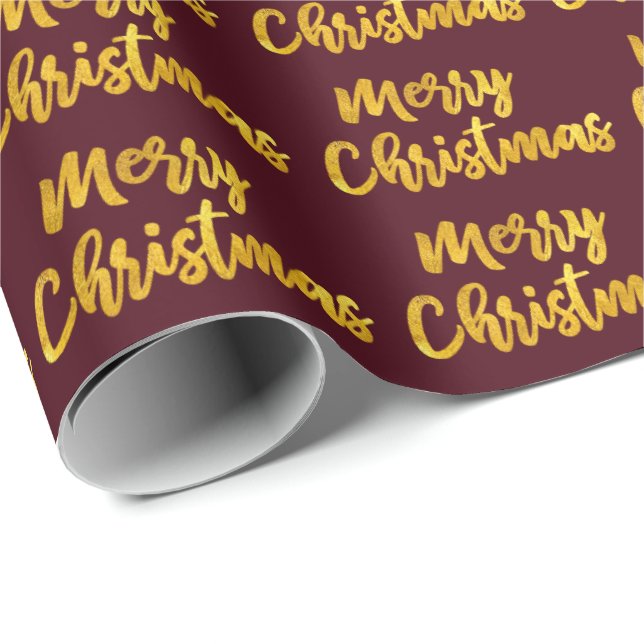 Merry Christmas Gold Script Burgundy Maroon Wrapping Paper (Roll Corner)