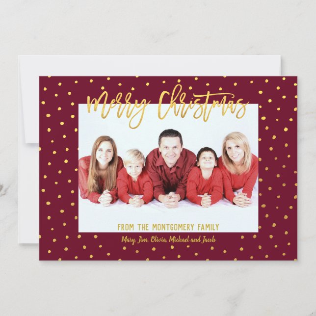 Merry Christmas Gold Script Dot Personalized Photo Holiday Card (Front)