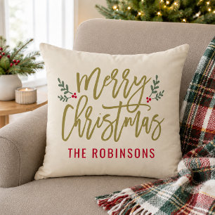 Merry Christmas Gold Script Family Name Beige Throw Pillow