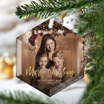 Merry Christmas Gold Script Family Photo Glass Ornament<br><div class="desc">Spread holiday cheer to friends and family with this modern keepsake ornament. The gold faux foil text reads "Merry Christmas" in elegant handwriting script. Replace the sample image with your favourite photo,  and add your family name and the year. A black gradient filter helps make the text pop.</div>