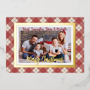 Merry Christmas Gold Script Family Photo Red Plaid Foil Holiday Card