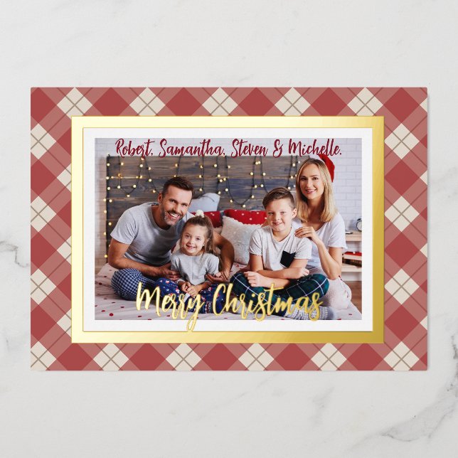 Merry Christmas Gold Script Family Photo Red Plaid Foil Holiday Card (Front)