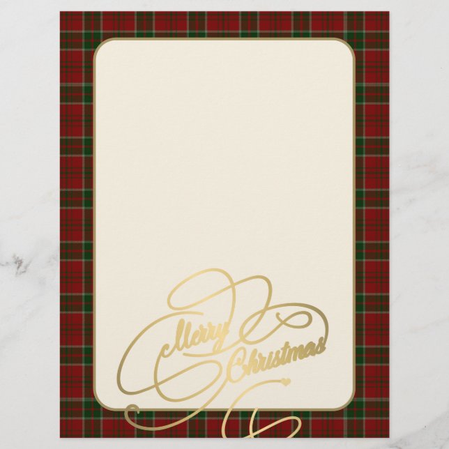 Merry Christmas gold script red green plaid frame Letterhead (Front)