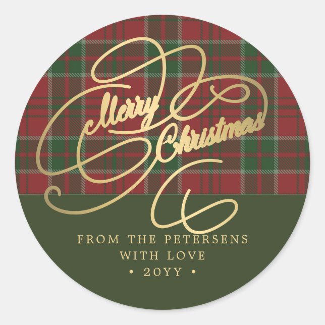 Merry Christmas gold script rustic red green plaid Classic Round Sticker (Front)