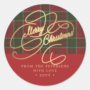 Merry Christmas gold script rustic red green plaid Classic Round Sticker