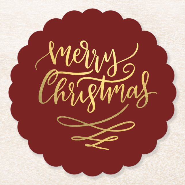 Merry Christmas Gold Script Typography  Paper Coaster (Front)