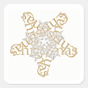 Merry Christmas, Gold & Silver Calligraphy Star Square Sticker