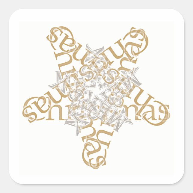 Merry Christmas, Gold & Silver Calligraphy Star Square Sticker (Front)