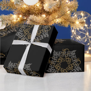 Merry Christmas Gold & Silver Star, Black Large Wrapping Paper