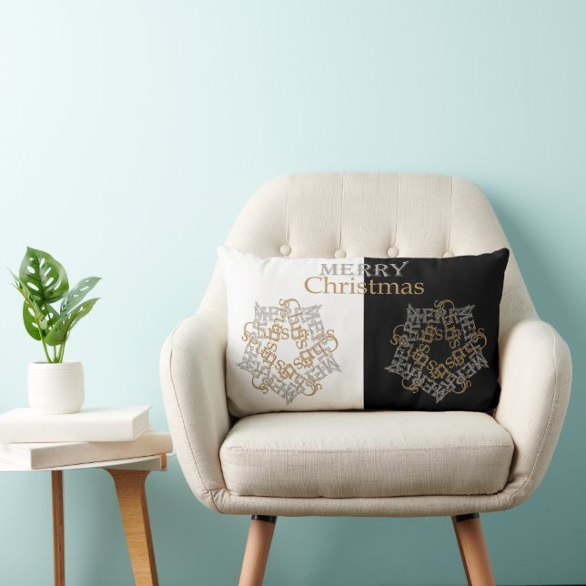 Merry Christmas Gold & Silver Star, Black & White Lumbar Pillow (Chair)