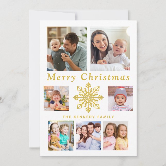 Merry Christmas Gold Snowflake 7 Photo Collage Holiday Card (Front)