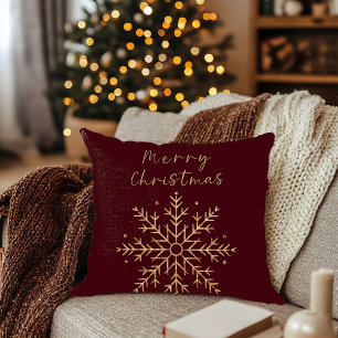 Merry Christmas / Gold Snowflake Burgundy Throw Pillow