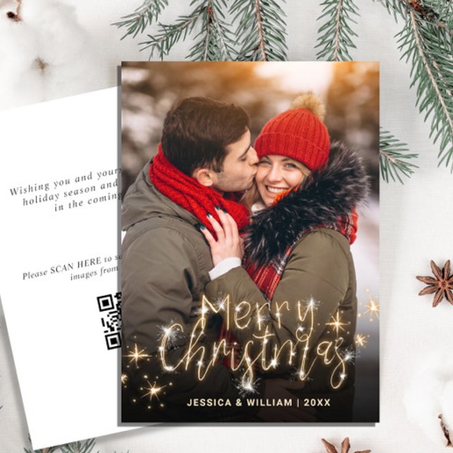 Merry Christmas Gold Sparkle PHOTO QR code Holiday Card (Creator Uploaded)