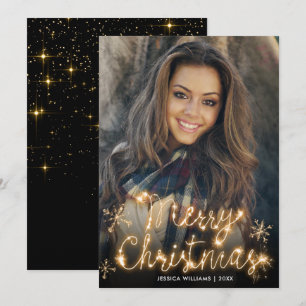 Merry Christmas Gold Sparkle Script PHOTO Greeting Holiday Card