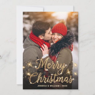 Merry Christmas Gold Sparkle Script PHOTO Greeting Holiday Card