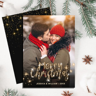 Merry Christmas Gold Sparkle Script PHOTO Greeting Holiday Card