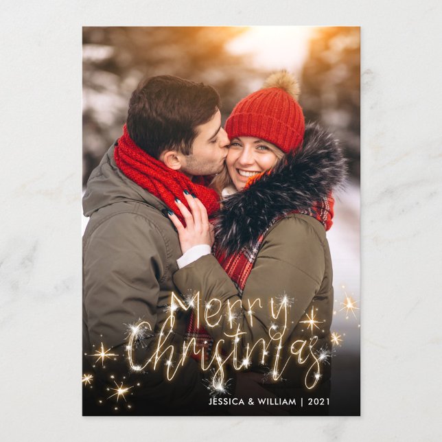 Merry Christmas Gold Sparkle Script PHOTO Greeting Holiday Card (Creator Uploaded)