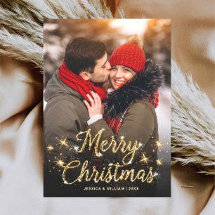 Merry Christmas Gold Sparkle Script PHOTO Greeting Holiday Card